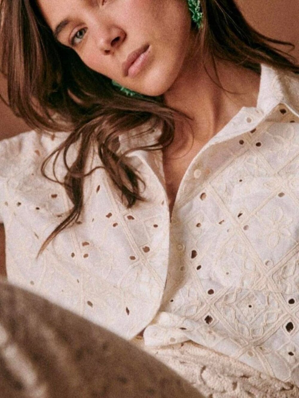 Sézane Max Shirt Ecru Eyelet Embroidered Oversized Button Down Size 44